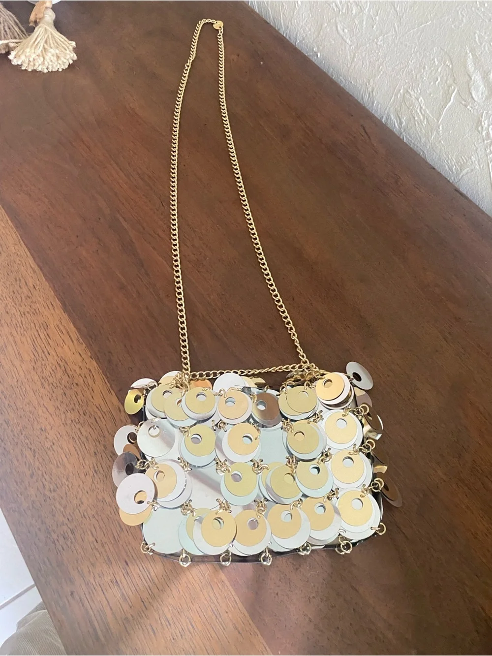 Gold Sequin Disc Crossbody with Chain Strap by Paco Rabane for H&M